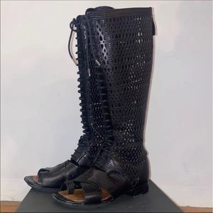 Proenza Schouler black lizard laser cut out lace up gladiator sandals size 36